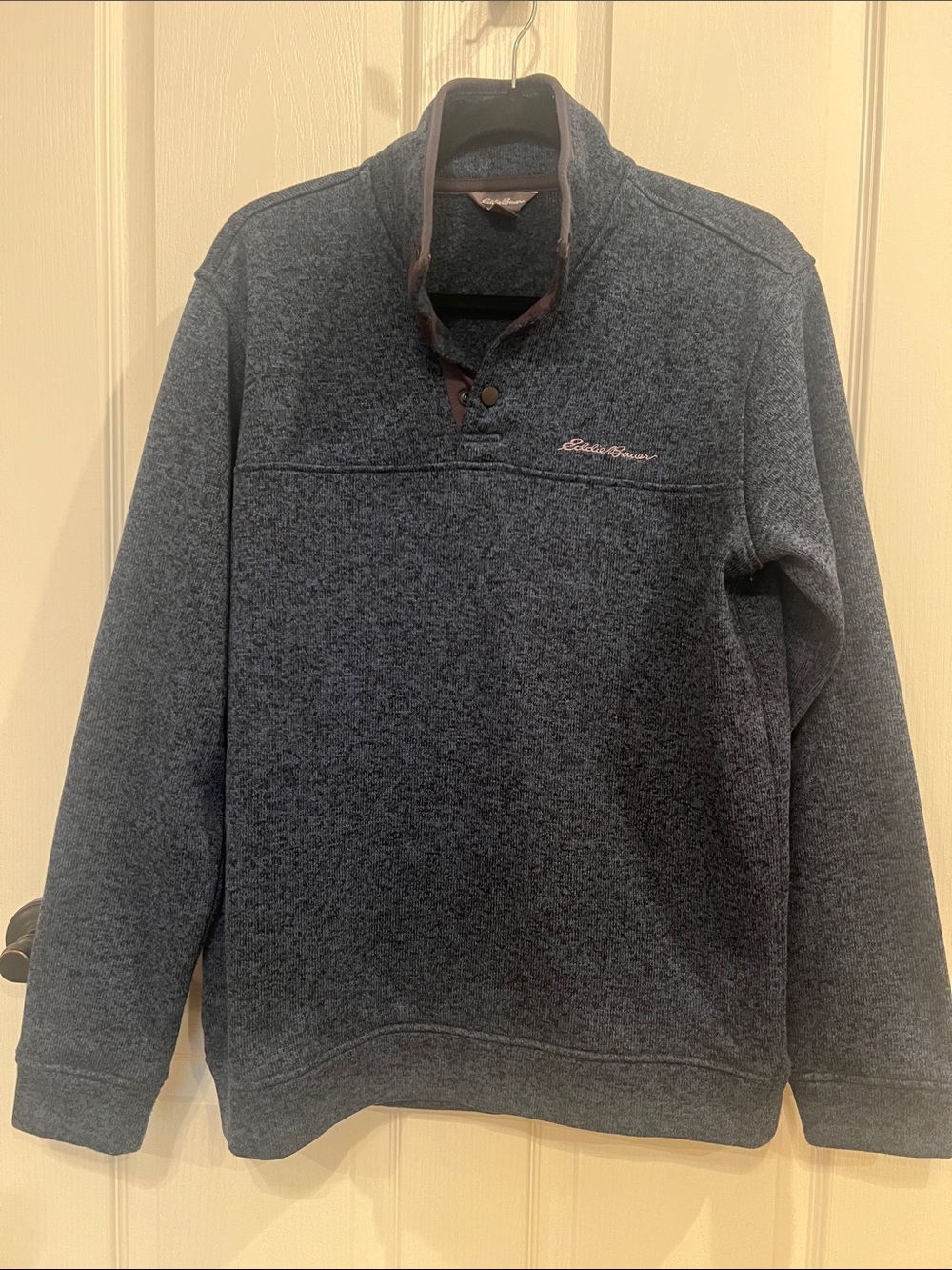 Eddie Bauer Radiator Fleece quarter-snap pullover in a navy heather color